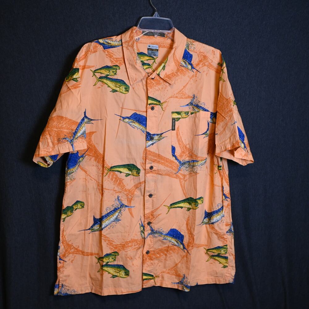 Columbia Men's XL River Lodge Button Up Fish Print Hunting Short Sleeve Shirt